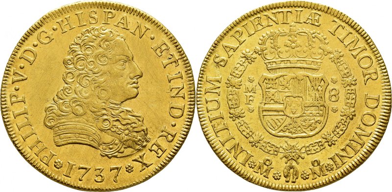 Philippe V, 1700-1746. 
8 Escudos 1737 Mo-MF, Mexico. Buste drapé et cuirassé à...