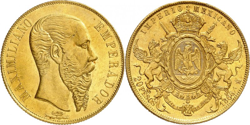 Maximilien, 1864-1867.
20 Pesos 1866 Mo,Mexico. Tête nue à droite / Armoiries c...