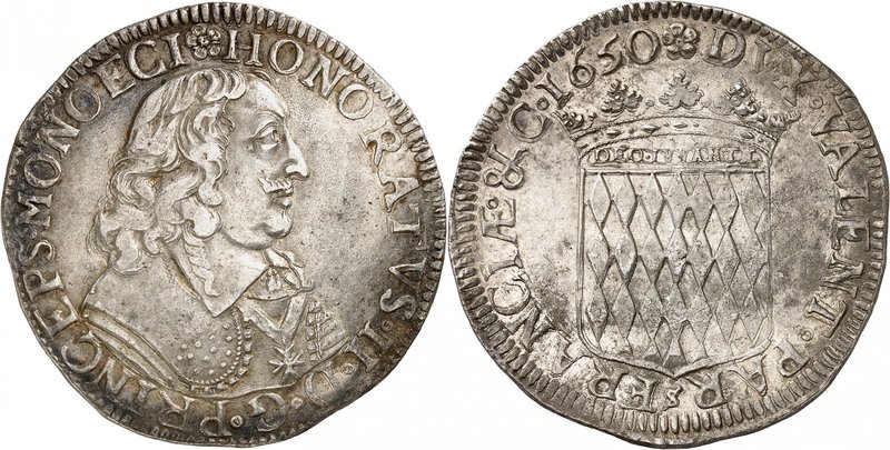 Honoré II, 1604-1662. 
Ecu 1650. Buste cuirassé à droite / Ecu couronné. 27,06g...