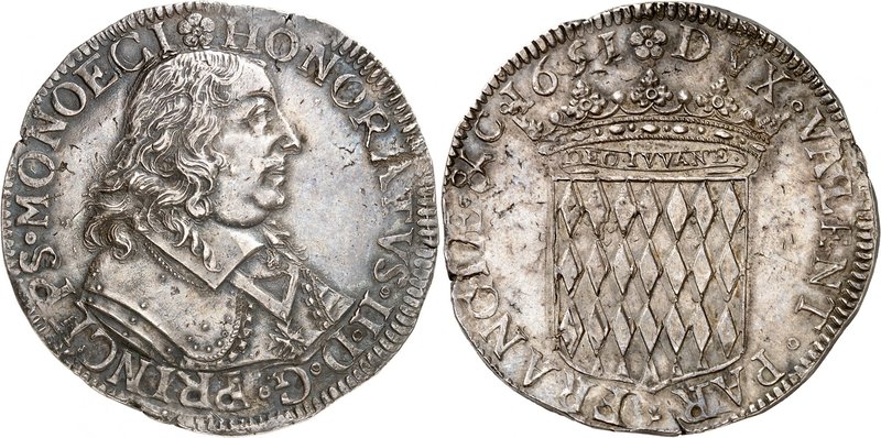 Honoré II, 1604-1662. 
Ecu 1651. Buste cuirassé à droite / Ecu couronné. 27,10g...