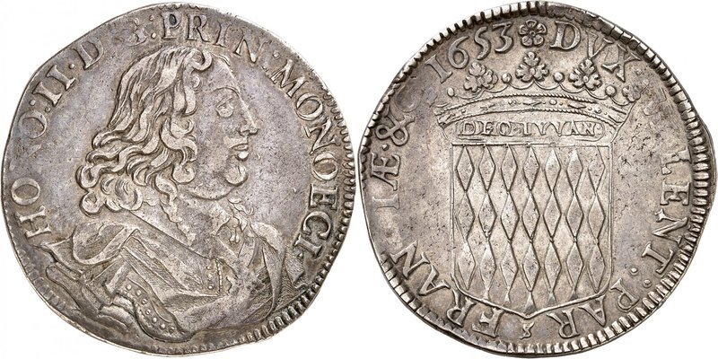 Honoré II, 1604-1662. 
Ecu 1653. Buste drapé et cuirassé à droite / Ecu couronn...
