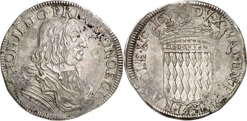 Honoré II, 1604-1662. 
Ecu 1655. Buste drapé et cuirassé à droite / Ecu couronn...