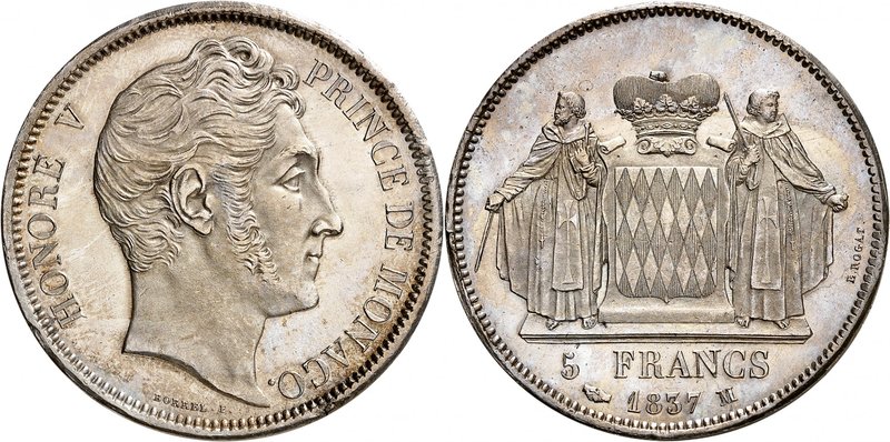 Honoré V, 1819-1841. 
5 Francs 1837 M.Tête nue à droite / Ecu couronné des Grim...