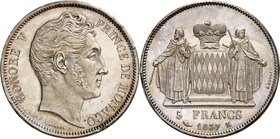 Honoré V, 1819-1841. 
5 Francs 1837 M.Tête nue à droite / Ecu couronné des Grimaldi entouré de deux moines armés. Valeur et date à l'exergue. 24,98g....