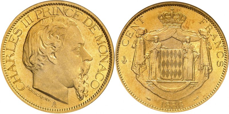 Charles III, 1856-1889. 
100 Francs 1886 A, Paris. Tête nue à droite / Armoirie...
