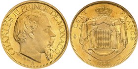 Charles III, 1856-1889. 
100 Francs 1886 A, Paris. Tête nue à droite / Armoiries sur un manteau couronné. Date à l'exergue. Fr. 11; Gad. MC122. 
PCG...