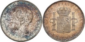 Alfonse XIII, 1886-1931. 
Peso 1897 SG V.Tête nue à gauche, date au-dessous / Ecu couronné entre les colonnes d'Hercule, valeur au-dessous. Tranche i...