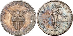 Administration américaine, 1898-1946.
Peso 1903,Philadelphie.FRAPPE sur FLAN BRUNI. Figure féminine debout à gauche, tenant un marteau qui repose sur...