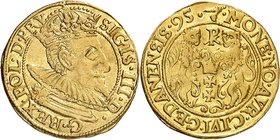 Danzig
Sigismond III, 1587-1632. 
Ducat 1595,Danzig. Buste couronné, drapé et cuirassé, à droite / Armoiries soutenues par deux lions. 3,48g.Fr. 10 ...