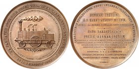 Médaille en bronze, par Michaux en 1862, commémorant l'ouverture de la ligne de chemin de fer Varsovie-Bromberg.Locomotive à vapeur avançant à gauche,...