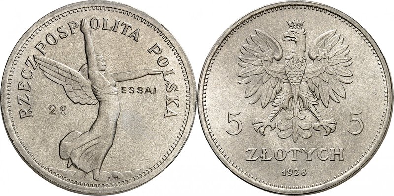 Première République, 1918-1939. 
5 Zlotych 1928, Bruxelles. ESSAI en NICKEL. Pe...