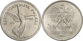 Première République, 1918-1939. 
5 Zlotych 1928, Bruxelles. ESSAI en NICKEL. Personnage ailé debout à droite. Poinçon "29" dans le champ gauche et po...
