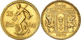Danzig 
25 Gulden 1923,Danzig. Neptune tenant un trident et un coquillage, valeur de part et d'autre / Armoiries de Danzig entre deux colonnes souten...