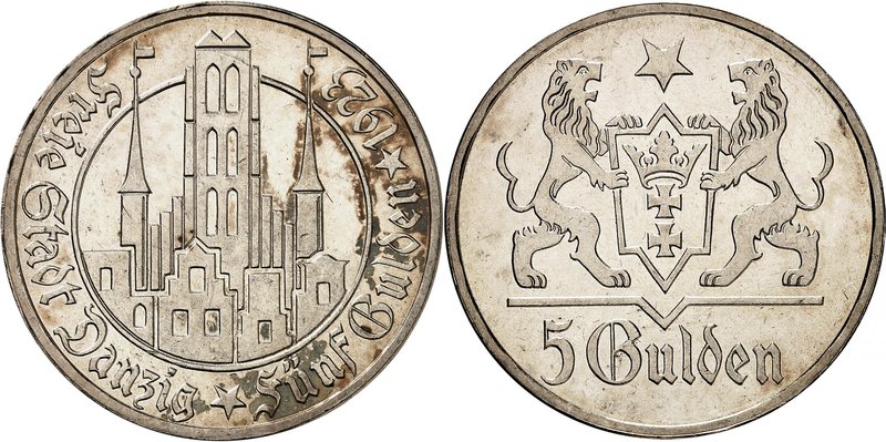 Danzig 
5 Gulden 1923, Danzig. FRAPPE sur FLAN BRUNI. Vue stylisée de la ville ...