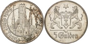 Danzig 
5 Gulden 1923, Danzig. FRAPPE sur FLAN BRUNI. Vue stylisée de la ville / Armoiries soutenues par deux lions. Valeur à l'exergue. 24,99g. Dav....