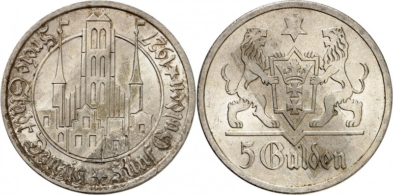 Danzig 
5 Gulden 1927, Danzig. Vue stylisée de la ville / Armoiries soutenues p...