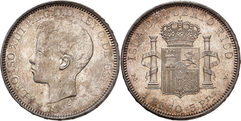 Alfonse XIII, 1886-1931. 
1 Peso (5 Pesetas) 1895 PG-V, Madrid. Tête nue à gauc...