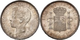 Alfonse XIII, 1886-1931. 
1 Peso (5 Pesetas) 1895 PG-V, Madrid. Tête nue à gauche. Date au-dessous / Armoiries couronnées entre les colonnes d'Hercul...