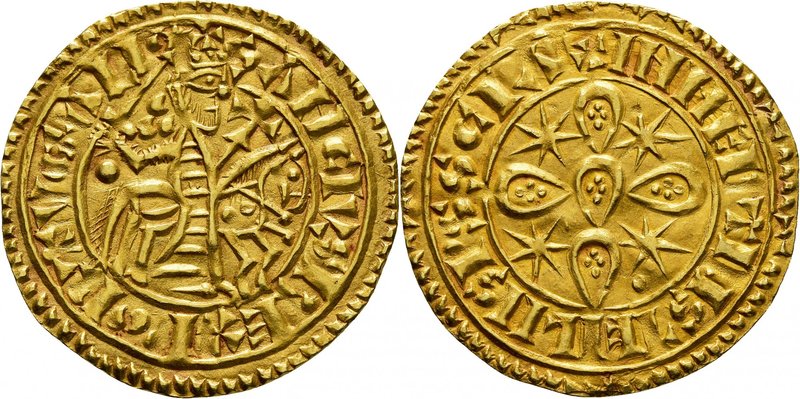 Sancho I, 1185-1211. 
Morabitino non daté, Coimbra. Le roi chevauchant à droite...