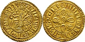 Sancho I, 1185-1211. 
Morabitino non daté, Coimbra. Le roi chevauchant à droite, tenant une épée et un sceptre / Cinq écus formant une croix cantonné...