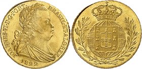 Jean VI, 1816-1826.
Peça (6400 Reis) 1822,Lisbonne.Buste lauré et drapé à droite, date au-dessous / Armoiries du Portugal et du Brésil couronnées dan...