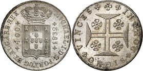 Miguel I, 1828-1834.
400 Reis 1832, Lisbonne.Ecu du Portugal sous une couronne. Valeur et date de part et d'autre / Croix, fleurs dans les cantons. T...