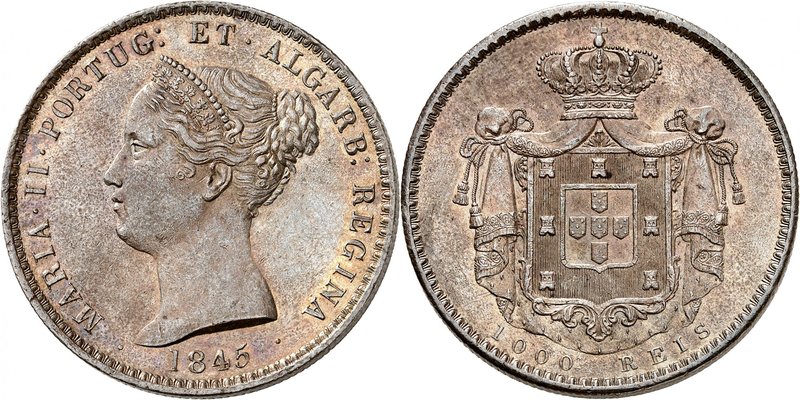 Maria II, 1834-1853.
1000 Reis 1845,Lisbonne.Buste diadémé à gauche, date au-de...