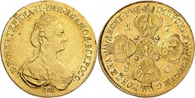 Catherine II, 1762-1796. 
10 Roubles en or 1780, Saint-Pétersbourg. Buste étroit couronné et drapé à droite / écussons couronnnés de Moscou, Kazan, S...