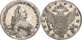 Catherine II, 1762-1796. 
Rouble 1762, Saint-Pétersbourg. Buste à la collerette, couronné et drapé à droite, par I. Ivanov, signature dans la manche ...