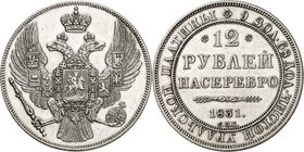 Nicolas I, 1825-1855. 
12 Roubles en platine 1831,Saint-Pétersbourg. Aigle impériale couronnée, portant l'écusson de Moscou et le collier de l'ordre ...
