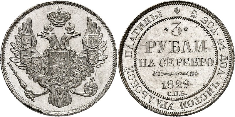 Nicolas I, 1825-1855. 
3 roubles en platine 1829,Saint-Pétersbourg. Aigle impér...