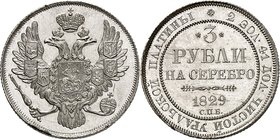 Nicolas I, 1825-1855. 
3 roubles en platine 1829,Saint-Pétersbourg. Aigle impériale couronnée, portant l'écusson de Moscou et le collier de l'ordre d...
