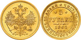 Alexandre II, 1855-1881. 
5 Roubles en or 1862,Saint-Pétersbourg. Aigle impériale couronnée, portant l'écusson de Moscou et le collier de l'ordre de ...