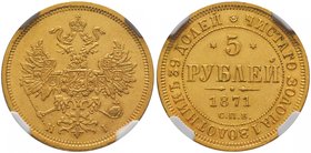 Alexandre II, 1855-1881. 
5 Roubles en or 1871,Saint-Pétersbourg. Aigle impériale couronnée, portant l'écusson de Moscou et le collier de l'ordre de ...