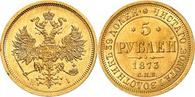 Alexandre II, 1855-1881. 
5 Roubles en or 1873,Saint-Pétersbourg. Aigle impériale couronnée, portant l'écusson de Moscou et le collier de l'ordre de ...