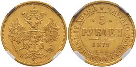 Alexandre II, 1855-1881. 
5 Roubles en or 1879,Saint-Pétersbourg. Aigle impériale couronnée, portant l'écusson de Moscou et le collier de l'ordre de ...