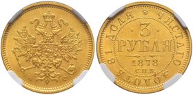 Alexandre II, 1855-1881. 
3 Roubles en or 1878, Saint-Pétersbourg. Aigle impériale couronnée, portant l'écusson de Moscou et le collier de l'ordre de...