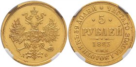 Alexandre III, 1881-1894. 
5 Roubles en or 1883,Saint-Pétersbourg. Aigle impériale couronnée, portant l'écusson de Moscou et le collier de l'ordre de...