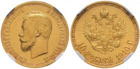 Nicolas II, 1894-1917. 
10 Roubles en or 1910,Saint-Pétersbourg. Tête nue à gauche / Aigle impériale couronnée, portant l'écusson de Moscou et le col...