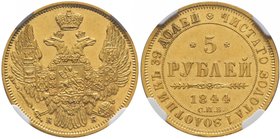 Gold coins of the Russian Empire
Nicolas I, 1825-1855. 
Lot de 4 pièces de 5 Roubles en or 1844, 1844, 1847 & 1847,Saint-Pétersbourg. Bitkin 25 (2) ...