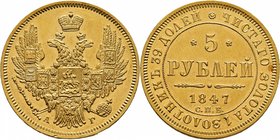 Gold coins of the Russian Empire
Nicolas I, 1825-1855. 
Lot de 10 pièces de 5 Roubles en or 1846, 1846, 1847, 1847, 1847, 1848, 1849, 1849, 1849 & 1...