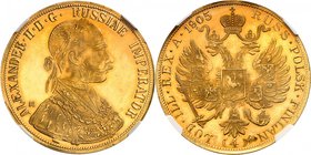 Russie - Bulgarie
Ferdinand I, 1887-1918. 
4 Ducats au nom d'Alexandre II de Russie 1905 MX, Sofia. Buste lauré à droite. Monogramme MX dans le cham...