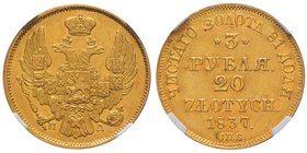 Russie - Pologne
Nicolas I, 1825-1855. 
3 Roubles 20 Zloty 1837,Saint-Pétersbourg. Aigle impériale couronnée, portant l'écusson de Moscou et le coll...