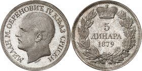 Principauté de Serbie
Milan Obrenovic IV, 1868-1882. 
5 Dinara 1879, Vienne. Tête nue à gauche. Nom du graveur en-dessous / Valeur et date dans une ...