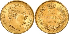 Royaume de Serbie
Milan I, 1882-1889. 
20 Dinara 1882 V, Vienne, Tête nue à droite. Nom du graveur en-dessous / Valeur et date dans une couronne de ...