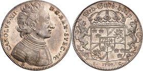 Carl XII, 1697-1718. 
Riksdaler 1707, Stockholm. Buste à droite / Armoiries couronnées entre deux lions debout. Date en-dessous. Dav. 1714; KM 336.
...