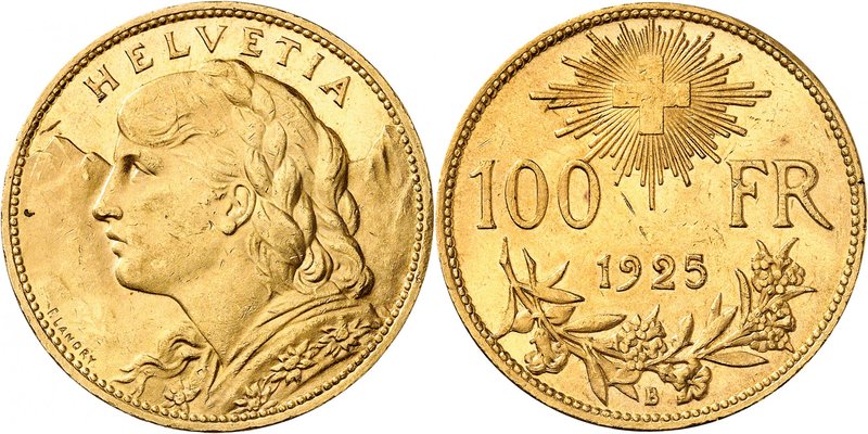 Confédération
100 Francs 1925 B, Berne. Buste de jeune femme à gauche, dans un ...