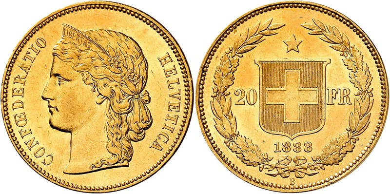 Confédération
20 francs 1888 B, Berne. Tête féminine coiffée d'un diadème à gau...