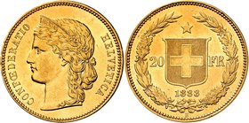 Confédération
20 francs 1888 B, Berne. Tête féminine coiffée d'un diadème à gauche / Valeur de part et d'autre d'un écusson suisse. Etoile au-dessus....