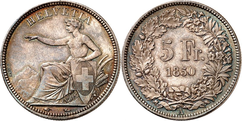 Confédération
5 Francs 1850 A, Paris. Helvetia assise à gauche sur un fond de m...